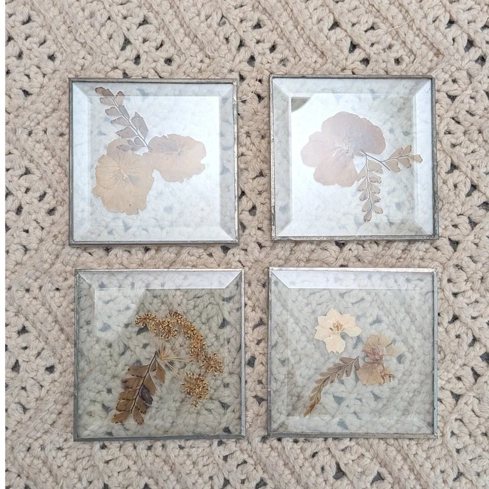 Vintage Pressed Dried Flower Glass Coasters Set of 4 Beveled Metal Edge 4x4